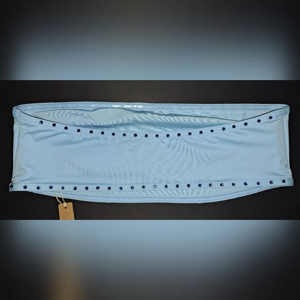 🩵SKIMS Swim Rhinestone Bandeau Mid Waist Bottoms Strappy Skirt IRIS BLUE M L